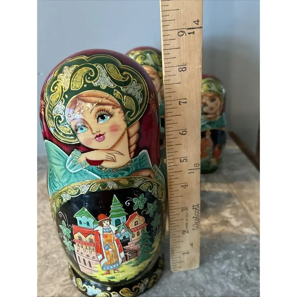 VTG Hand Made Russian Matryoshka Nesting Doll 7 Pc 9” Fairytale Gold Gilt Roses